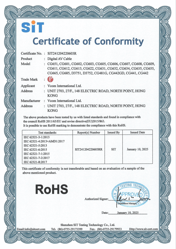 VCOM DP CABLE CE CERTFICATION 